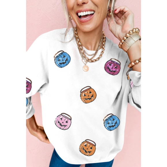 Sequin Patched Halloween Pumpkin Lantern White Sweatshirt - Picture 1 of 5